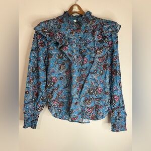 LOFT NWT Floral & paisley Ruffle Blue Blouse in size small